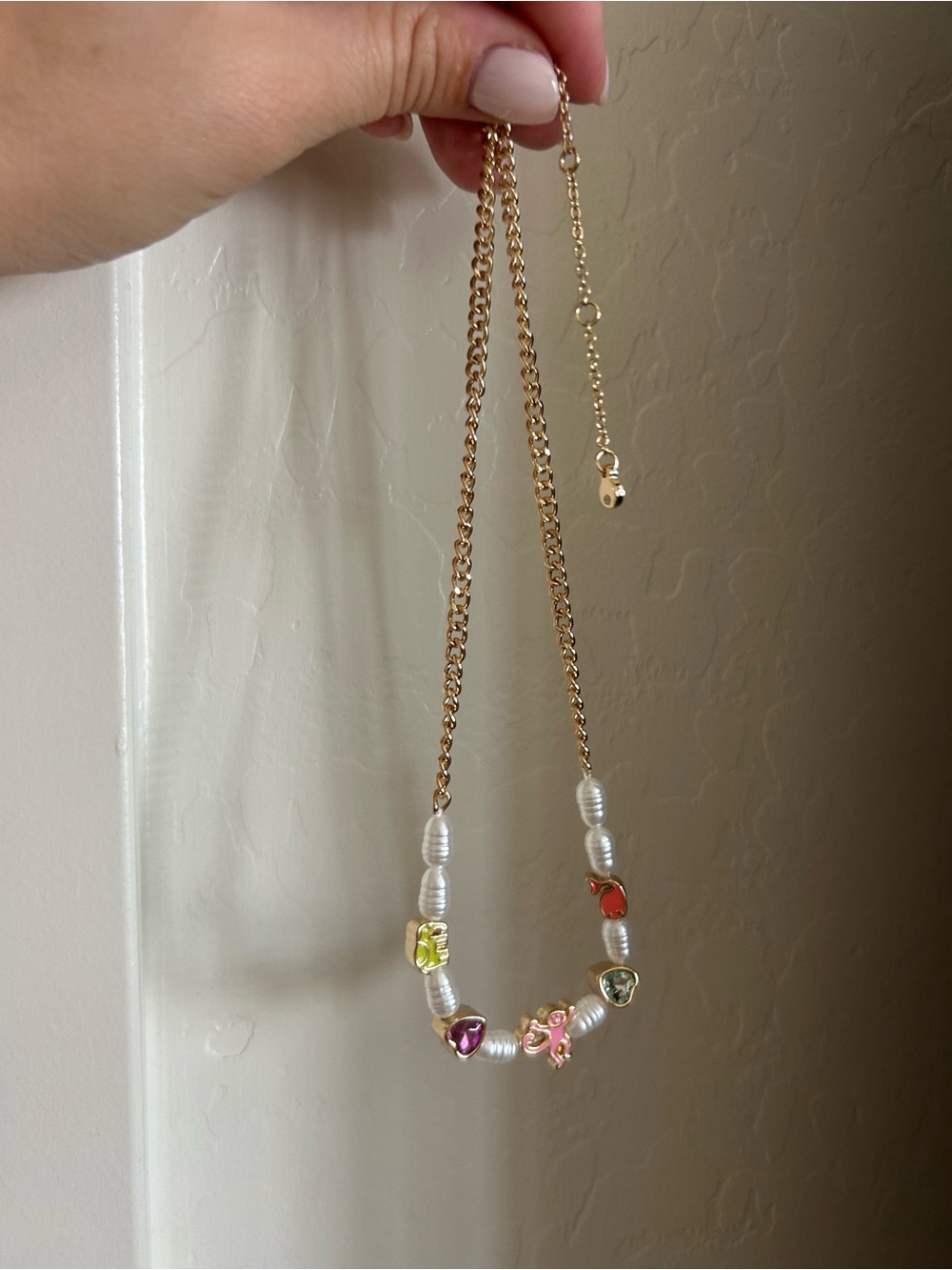 Roller Rabbit Gold Pearl Necklace with Multicolor Heart Charms